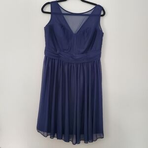 David's Bridal navy blue chiffon dress with an illusion mesh neckline. Size 16